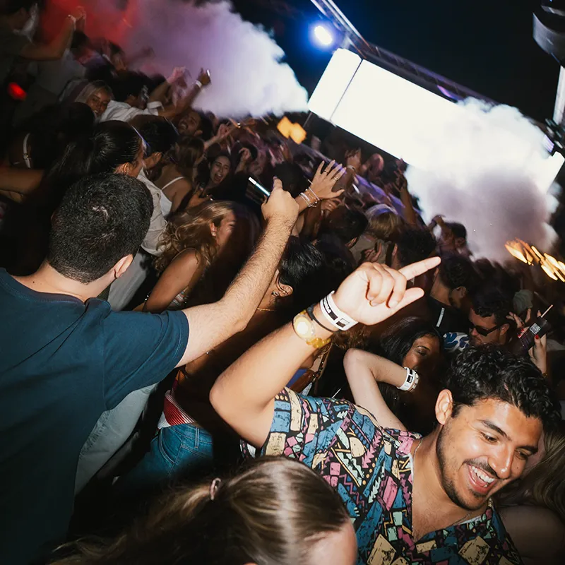 Crowd dancing with smoke in background Lust in Rio