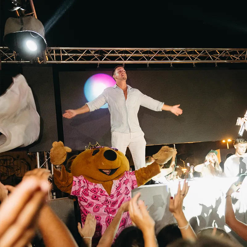 Man in DJ booth with bear costume dancing and having fun with crowd Lust in Rio